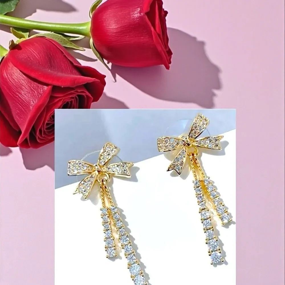 Dangle Bow Earrings l Rhinestone l 1”l Post l New